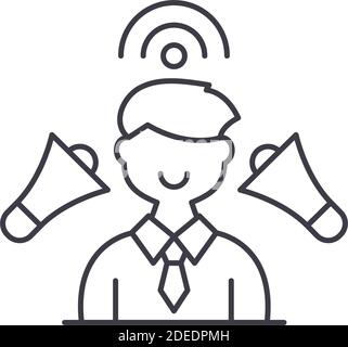 Icona di marketing influencer, illustrazione lineare isolata, vettore di linea sottile, segno di disegno web, simbolo di concetto di contorno con tratto modificabile su bianco Illustrazione Vettoriale