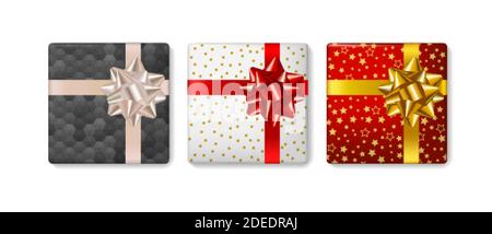 Set di confezioni regalo con prua su sfondo bianco Illustrazione Vettoriale