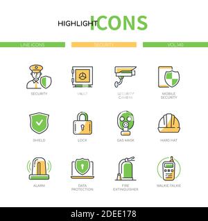 Sicurezza - Set di icone di stile moderno. Concetto di simboli e attrezzature di sicurezza. Vault, telecamera, schermo, serratura, maschera a gas, elmetto, allarme, prodotto dati Illustrazione Vettoriale