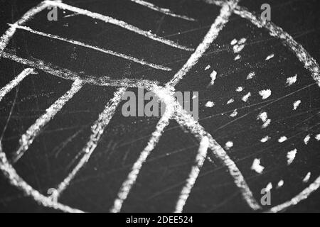 Grafico a torta tracciato con gesso sulla lavagna per l'analisi dei dati. Sfondi e sfondi aziendali Foto Stock