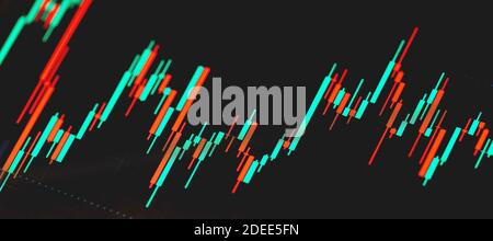 Borsa di mercato candlestick grafico closeup grafico, macro, giorno trading concetto. Candele bastoni su schermo da vicino, analisi tecnica business Foto Stock