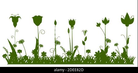 Silhouette di un prato fiorito con erba, fiori. Paesaggio verde. Stile cartone animato. Illustrazione favolosa. Immagine di sfondo isolata su bianco Illustrazione Vettoriale