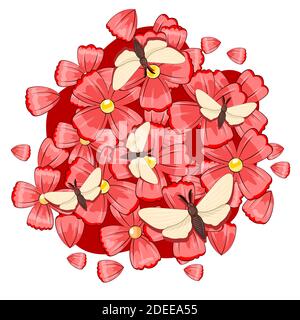 Farfalle bianche su uno sfondo di fiori. Bella composizione luminosa. Oggetto isolato su bianco. Vettore. Illustrazione Vettoriale