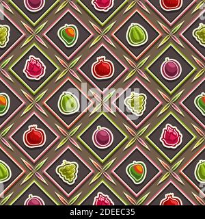 Vector Fruit Seamless Pattern, sfondo di frutta a ripetizione quadrata, illustrazioni isolate di frutti estivi su sfondo scuro, motivo senza cuciture a diamante Illustrazione Vettoriale