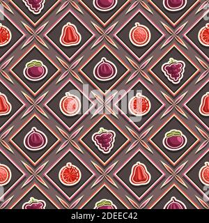 Vector Fruit Seamless Pattern, sfondo di frutta a ripetizione quadrata, illustrazioni isolate di frutti estivi su sfondo scuro, motivo senza giunture rombo Illustrazione Vettoriale