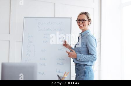 Felice giovane insegnante in piedi vicino a lavagna e spiegare lezione di tedesco agli studenti online da casa, panorama Foto Stock
