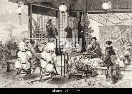 Fioraio, Tokyo, Giappone. Vecchio 19 ° secolo inciso illustrazione viaggio in Giappone di Aime Humbert da El Mundo en la mano 1879 Foto Stock