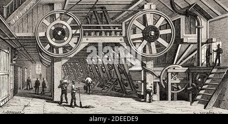 Macchinari utilizzati per la frantumazione del minerale d'argento in Nevada, Stati Uniti d'America. Antica illustrazione incisa del 19 ° secolo. Viaggio da Washington a San Francisco in Louis Laurent Simonin da El Mundo en la mano 1879 Foto Stock