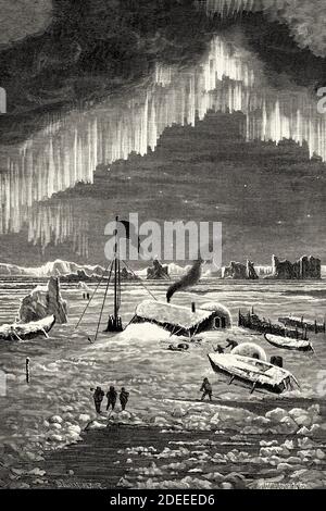 L'equipaggio della Hansa sopravvive l'inverno in un rifugio costruito con bricchetti di polvere di carbone galleggianti su ghiaccio di mare. Antica illustrazione incisa del 19 ° secolo. Seconda spedizione tedesca di North Polar nel 1869 da El Mundo en la mano 1879 Foto Stock