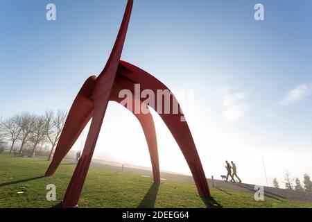 I visitatori camminano per l'aquila di Alexander Calder nell'Olympic Sculpture Park mentre la nebbia oscura Elliott Bay a Seattle domenica 29 novembre 2020. Foto Stock