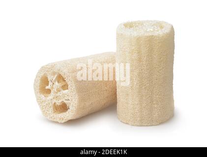 Due spugne per scrub da bagno in loofah isolate su bianco Foto Stock