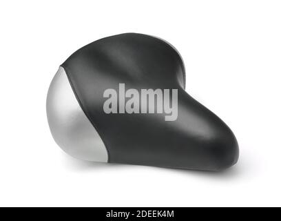 Sella per bicicletta in pelle nera isolata su bianco Foto Stock