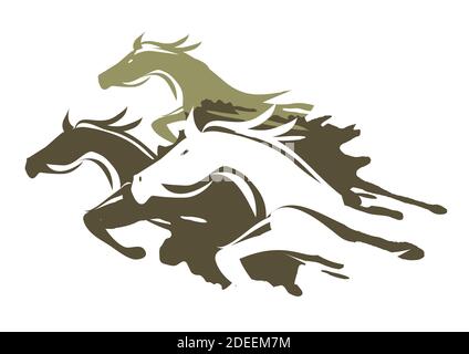 Tre cavalli da corsa. Illustrazione espressiva di cavalli veloci.isolato su sfondo bianco.vettore disponibile. Illustrazione Vettoriale