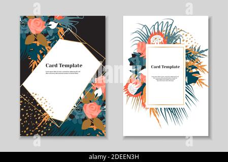 Set di 2 modelli di carta boho greting, colori pastello tenui, sfondo bianco. Cornice geometrica dorata. Illustrazione Vettoriale