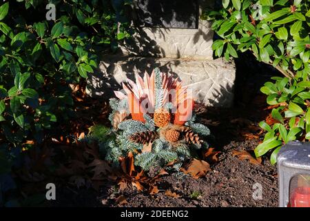 Primo piano della disposizione dei fiori in autunno sul cimitero tedesco con rami di abete e coni, sfondo tombstone - Germania Foto Stock