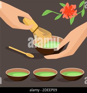 Tè verde Matcha. Cerimonia del tè. Disegno vettoriale Illustrazione Vettoriale