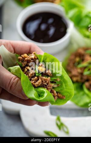 Involtini di lattuga asiatica di pollo o tacchino Foto Stock