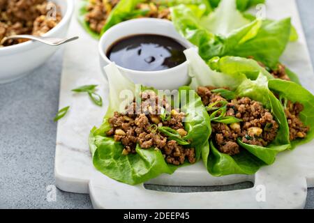 Involtini di lattuga asiatica di pollo o tacchino Foto Stock