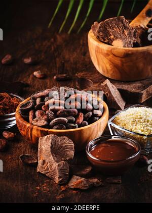 Vari prodotti biologici di cacao. Cacao in grani, cacao in polvere, burro di cacao, cioccolato fondente, cioccolato liquido, cacao grattugiato su fondo di legno. Copia spa Foto Stock