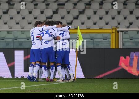 Stadio Olimpico Grande Torino, Torino, Italia, 30 Nov 2020, Sampdoria celebra il traguardo durante Torino FC vs UC Sampdoria, calcio italiano Serie A match - Photo Claudio Benedetto / LM Foto Stock