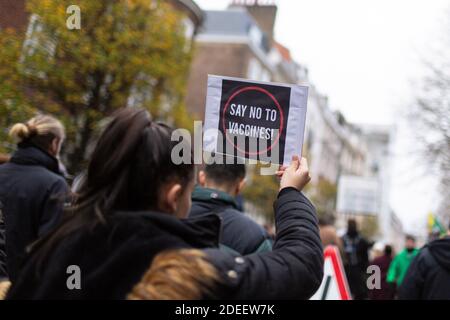 Protesta anti-lock-down, Londra, 28 novembre 2020. Dettaglio del cartello di un protestore. Foto Stock