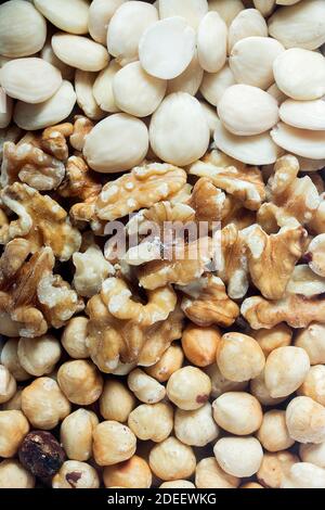 Primo piano di un assortimento di frutta secca mista. La consistenza delle noci, delle mandorle e delle nocciole come sfondo. Cibo sano e vegano. Foto Stock