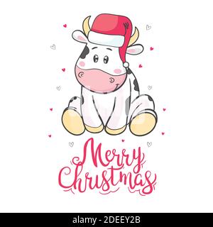 Carino toro che indossa il cappello di Babbo Natale simbolo del 2021 cinese nuovo anno, illustrazione per la carta di natale. Illustrazione Vettoriale
