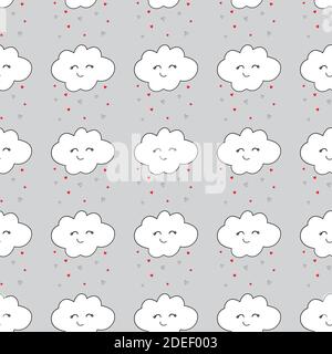 Modello senza cuciture con nuvole sonnanti sorridenti per le vacanze dei bambini. Cute bambino acquazzone vettore di sfondo nuvole modello vettoriale senza giunture. Illustrazione Vettoriale