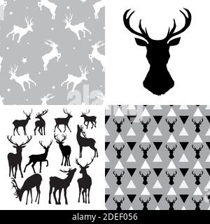 Una serie di teste e modelli di cervi. Raccolta di sfondi animali selvatici Illustrazione Vettoriale