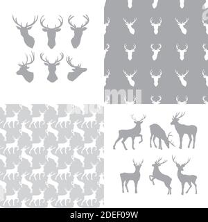 Una serie di teste e modelli di cervi. Raccolta di sfondi animali selvatici Illustrazione Vettoriale