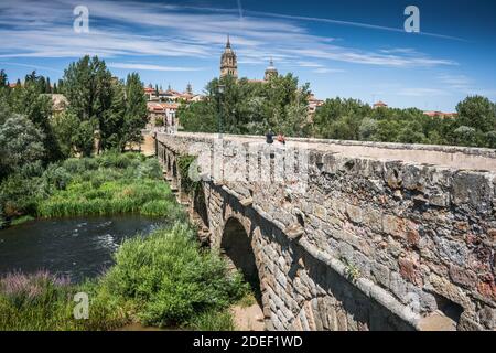 Vista generale del vecchio ponte di Salamanca, Spagna, Europa. Foto Stock