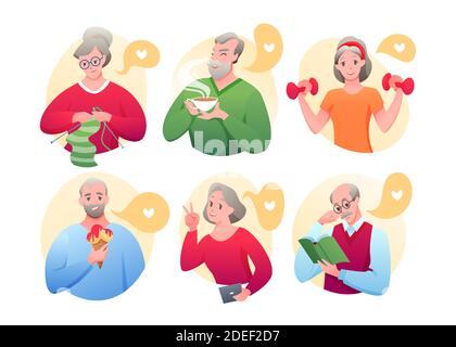 Avatar cartoon round di attivo vecchio personaggio facendo esercizio sportivo, maglieria, networking, mangiare gelato, bere tè, lettura libro isolato su Illustrazione Vettoriale