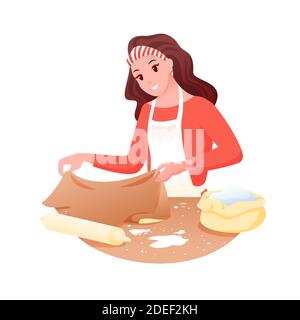 Cucina alimentare, donna che fa pasta per il pane da forno, pizza Illustrazione Vettoriale