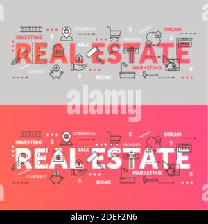 Real estate parola collage cloud, business investimento concetto creativo banner background con investimenti commerciali in proprietà. Linea sottile Illustrazione Vettoriale