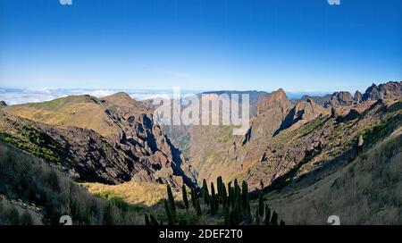 Vista panoramica dal picco Arieiro (Pico do Arieiro) nell'Isola di Madeira con cielo blu. Foto Stock