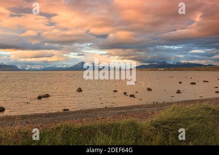 Vista da Puerto Natales, ultima Esperanza Bay, Patagonia, Cile Foto Stock