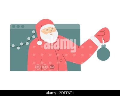 Babbo Natale effettua una videochiamata. Concetto remoto di Capodanno e Natale. Videoconferenza di Babbo Natale nell'applicazione su smartphone o laptop Illustrazione Vettoriale