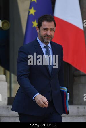 Christophe Castaner lascia il Palazzo Elysee in seguito alla riunione del Gabinetto settimanale francese a Parigi, Francia, il 1 aprile 2019. Foto di Christian Liegi/ABACAPRESS.COM Foto Stock