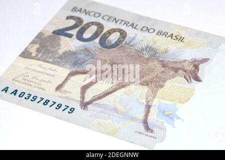 Nuovo lancio 200 Reais brasiliano conto denaro primo piano dettagli Foto Stock