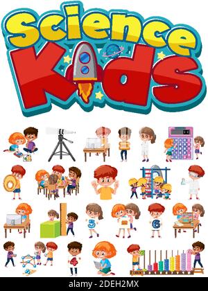 Logo Science Kids e set di bambini con oggetti didattici illustrazione isolata Illustrazione Vettoriale