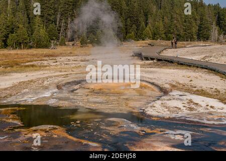 Pompa Geyser che sputano tra eruzioni su Geyser Hill, Upper Geyser Basin, Yellowstone National Park, Wyoming, USA. Foto Stock