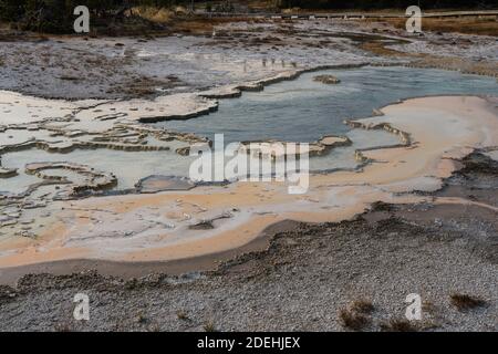 Il Doublet Pool è una sorgente termale ad intermittenza clearwater sulla Geyser Hill, nel bacino superiore del Geyser, Yellowstone Nationla Park, Wyoming, Stati Uniti. Foto Stock