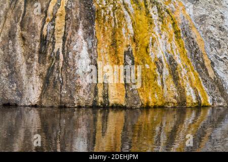 L'acqua calda della sorgente termale Chimney Cone scorre sopra Tappetini microbici termofili colorati sulla strada verso il Firehole Fiume a Yellowstone National Foto Stock