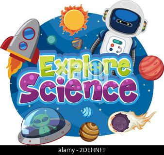 Esplora il logo della scienza e insieme di oggetti di educazione spaziale isolati illustrazione Illustrazione Vettoriale