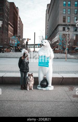 Winter Fest Polar Bear nella piazza pubblica di Cleveland Ohio 2020 Foto Stock