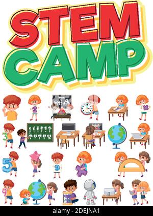 Logo del campo di poppa e set di bambini con oggetti didattici illustrazione isolata Illustrazione Vettoriale