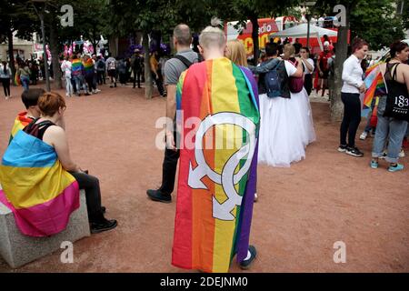 Gli attivisti prendono parte all'edizione locale della marcia di visibilità omosessuale, bisessuale e transgender nella città francese orientale di Lione il 15 giugno 2019. Foto di Mathis Boussuge/ABACAPRESS.COM Foto Stock