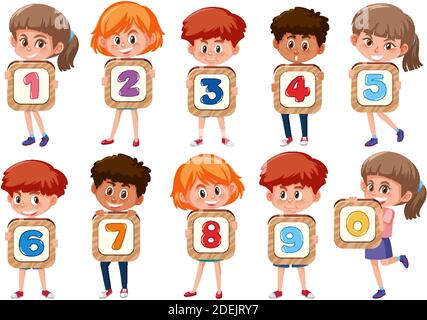 Set di bambini diversi che tengono i numeri isolati su bianco illustrazione di sfondo Illustrazione Vettoriale