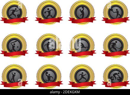 Set di dodici medaglie d'oro sportive decorate con decorazione a nastro rosso con spazio per la copia. Illustrazione vettoriale isolata su sfondo bianco Illustrazione Vettoriale