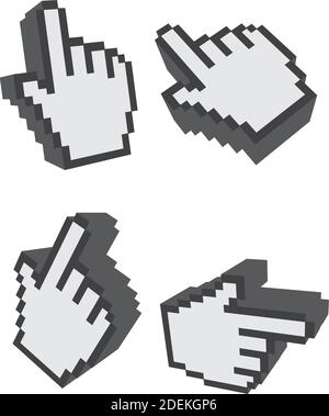 Insieme di quattro illustrazioni vettoriali del simbolo di clic con il dito indice in diverse prospettive isolate su sfondo bianco. Illustrazione Vettoriale